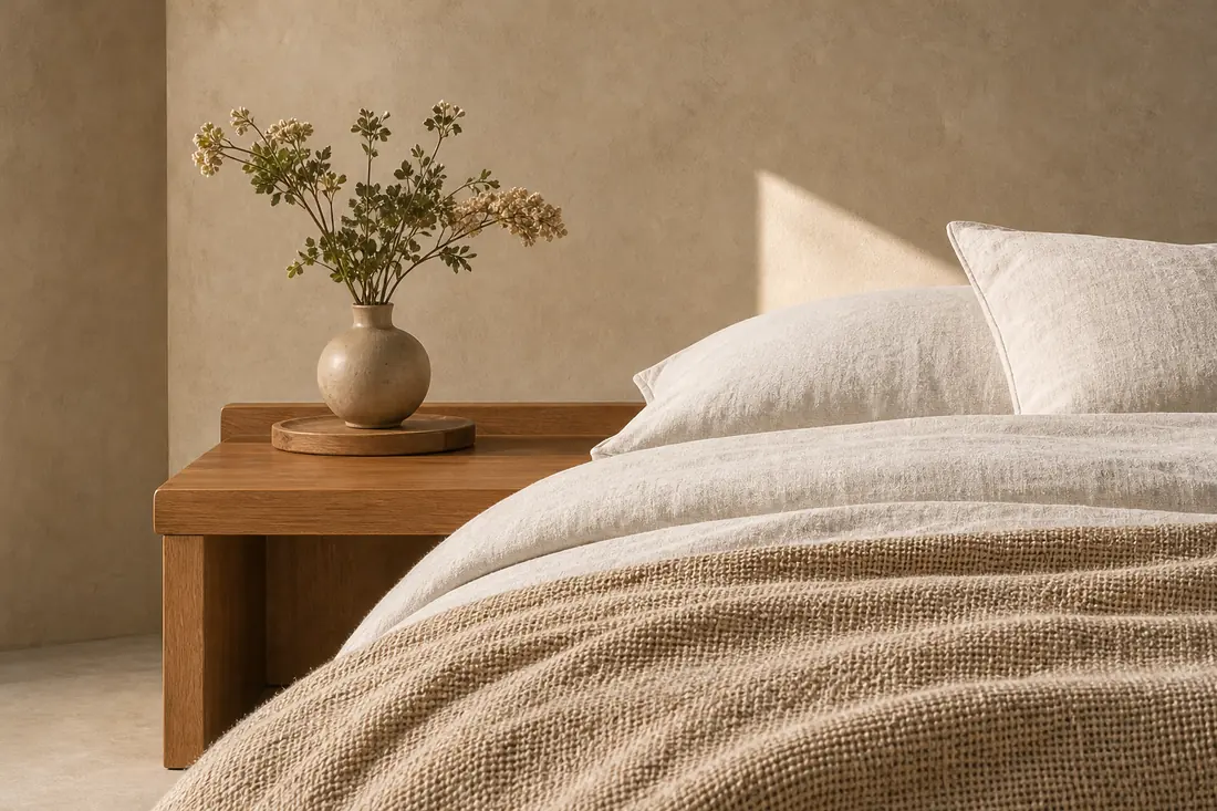 A linen bed with a ceramic vase on a wooden side table in soft light