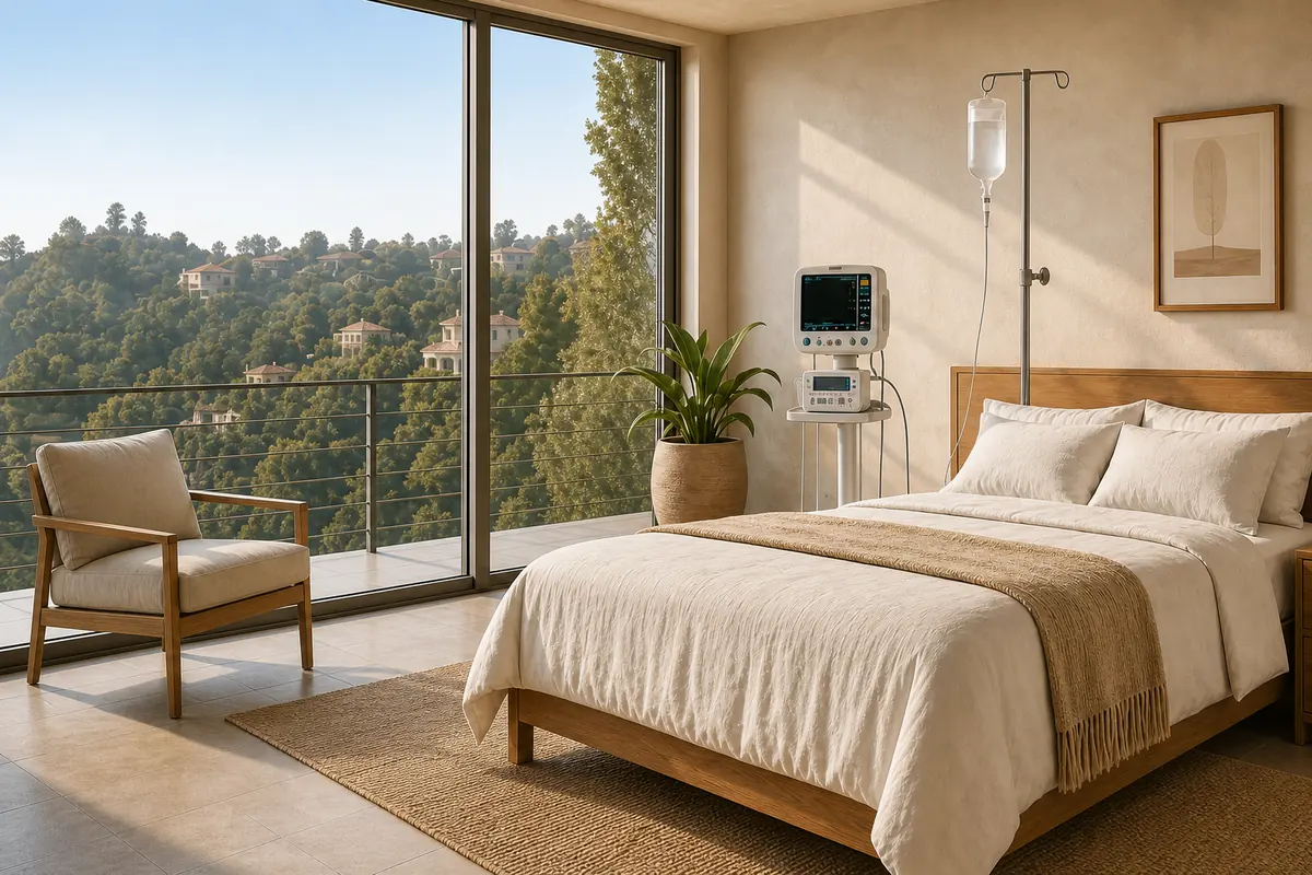 A private detox suite with a linen bed, a medical monitor and a view over the canyon