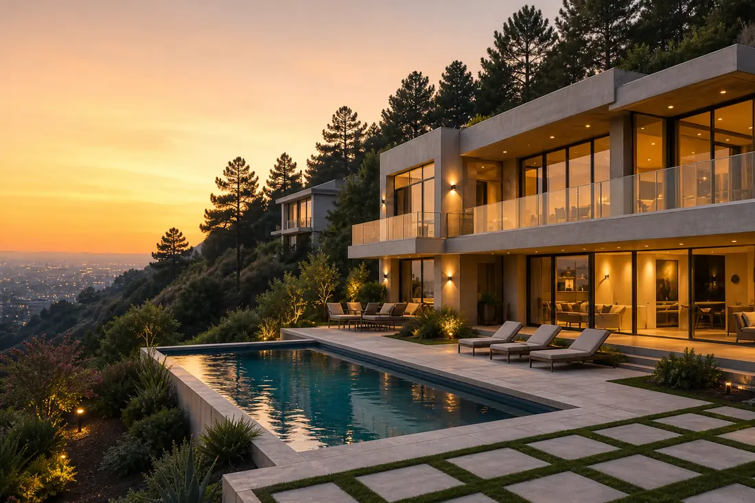 A modern hillside treatment residence with a pool at golden hour