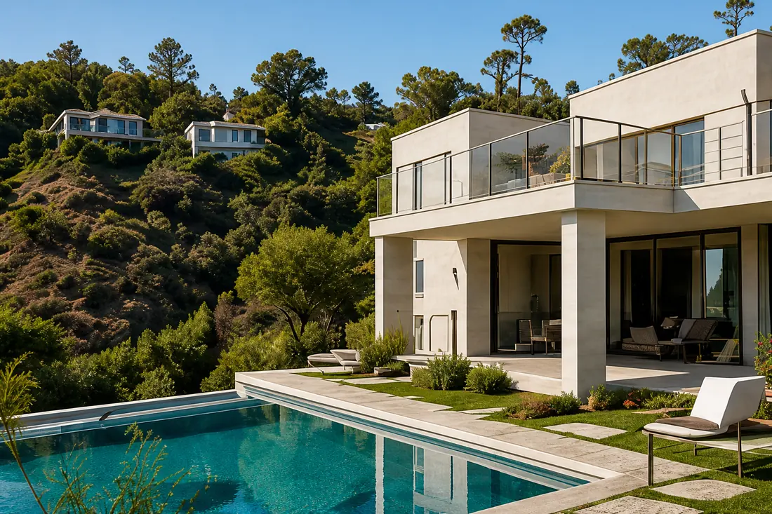 A modern white hillside villa with a pool