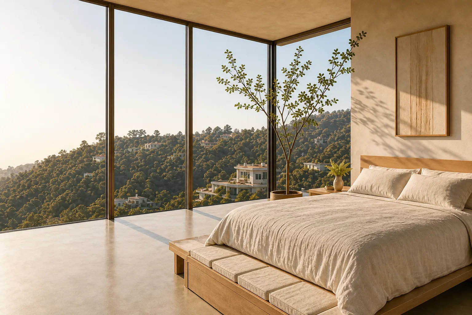 A quiet private bedroom with tall windows over the Hollywood Hills